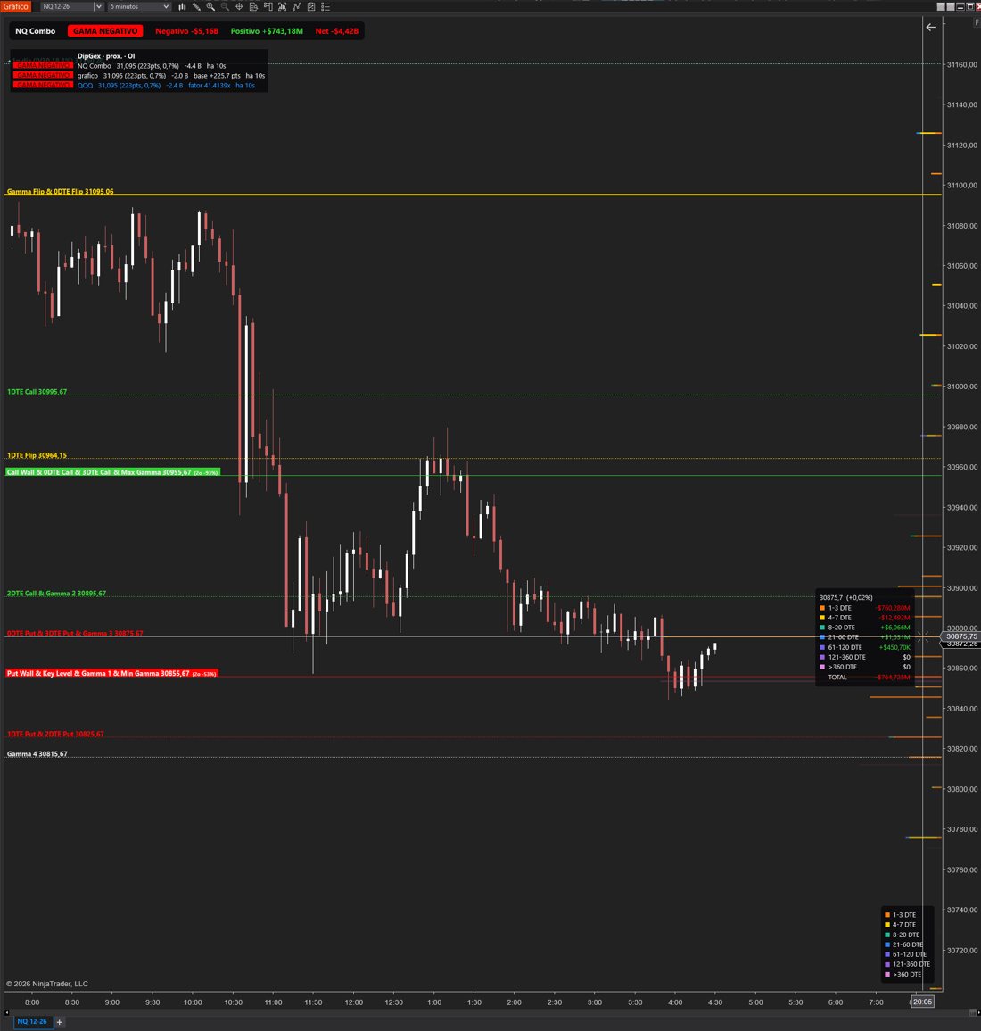 Captura real do NinjaTrader 8 com os níveis do DipGex e o quadro de exposição por faixa de vencimento